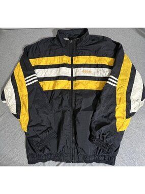 Vintage Adidas Jacket Mens Large Black Yellow Striped Full Zip Windbreaker 90s